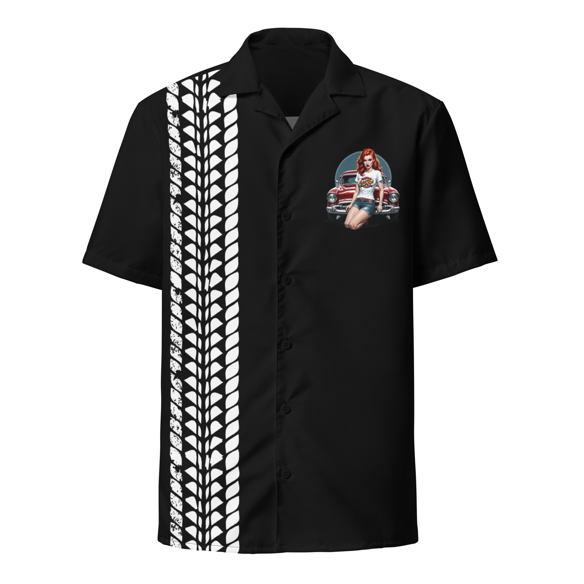 Redhead Bombshell Hotrod Button Bowling Button Shirt (Black)