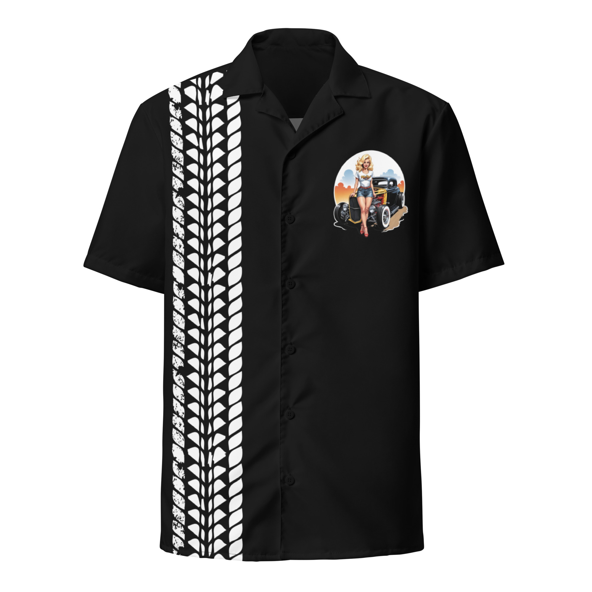 Blondie Bombshell Hotrod Button Bowling Button Shirt (Black)
