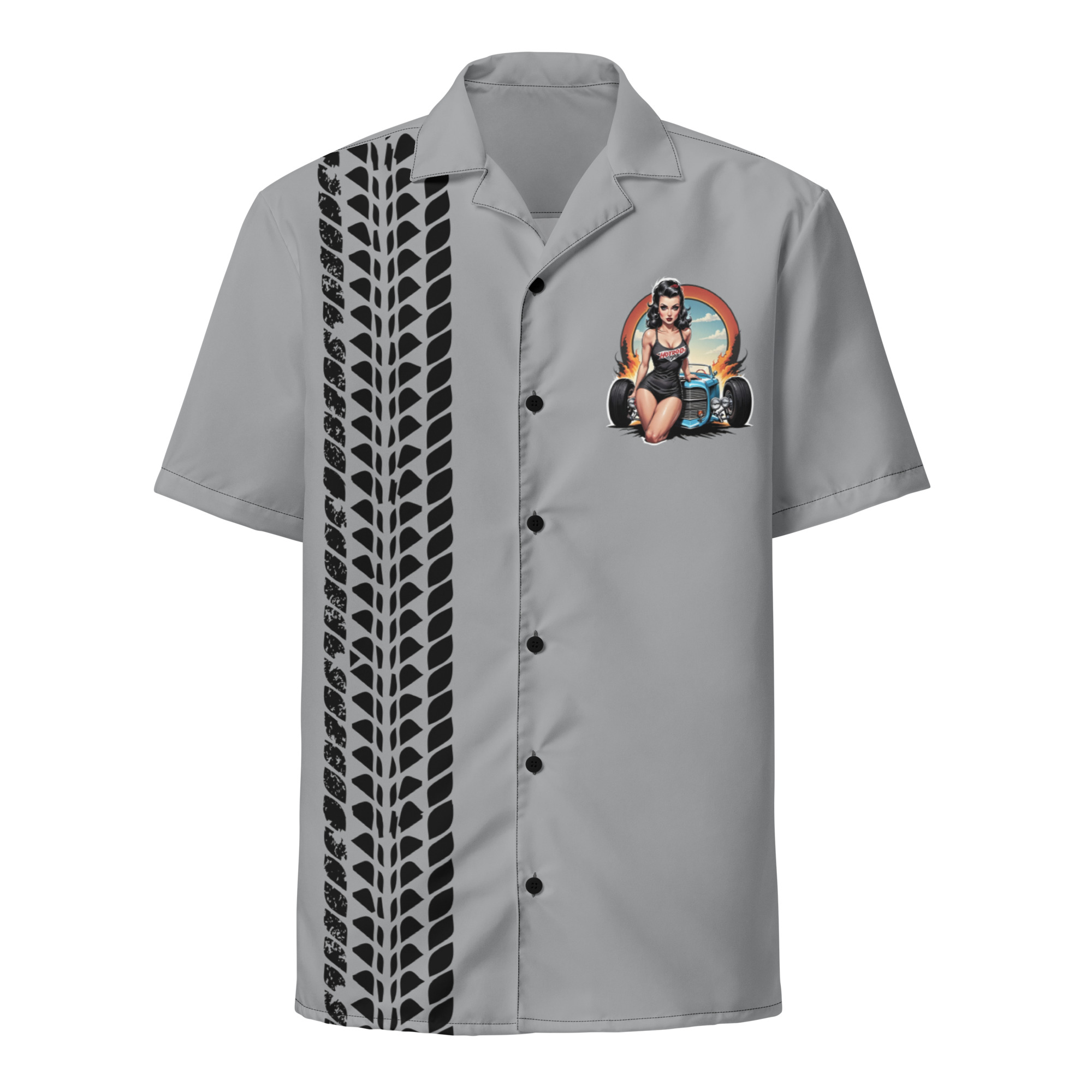 Raven Hair Bombshell Hotrod Button Bowling Button Shirt (Gray)