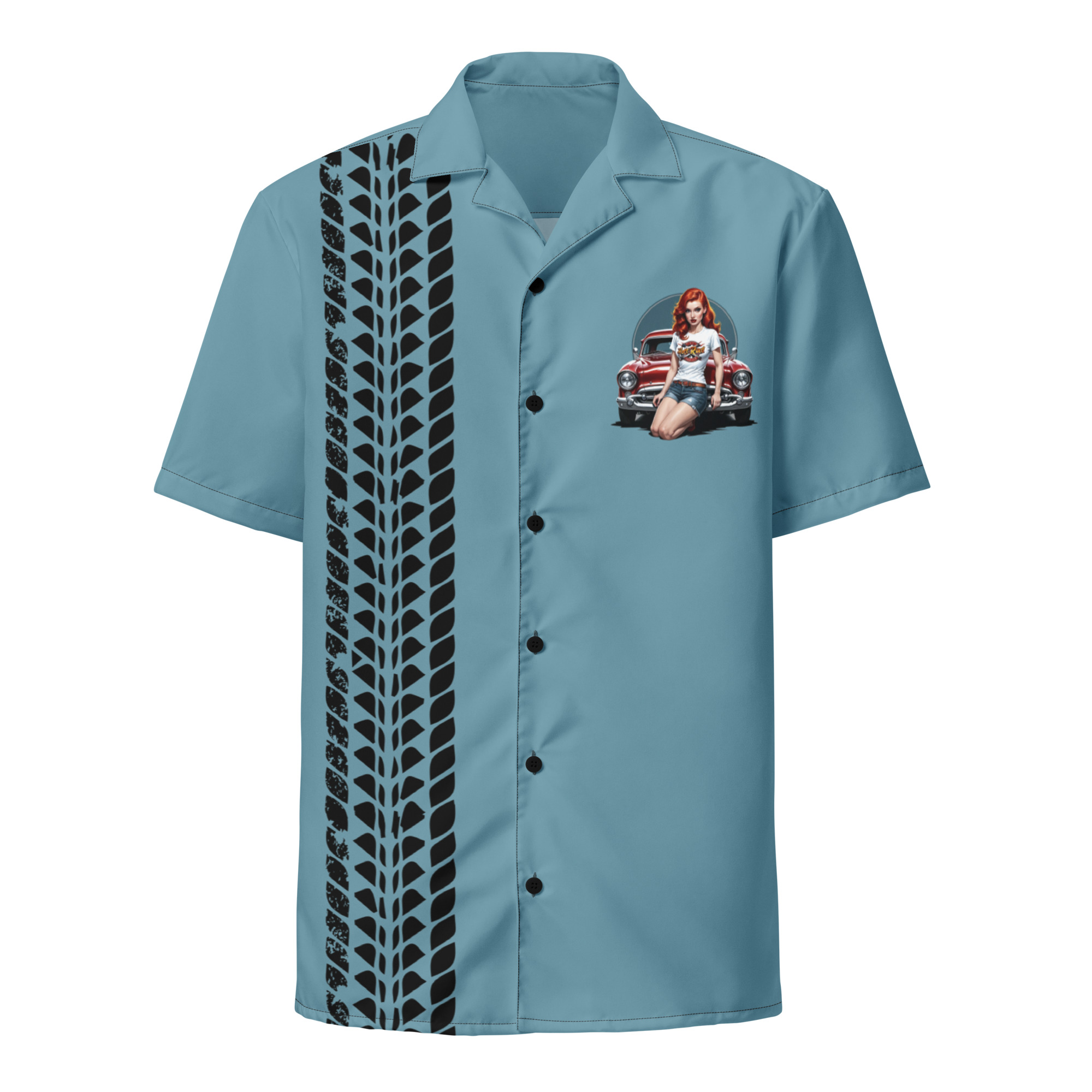 Redhead Bombshell Hotrod Button Bowling Button Shirt (Blue)