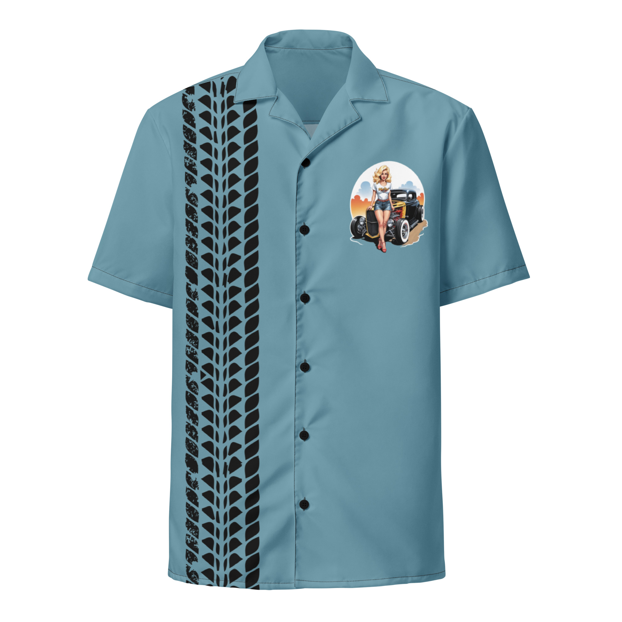 Blondie Bombshell Hotrod Button Bowling Button Shirt (Blue)