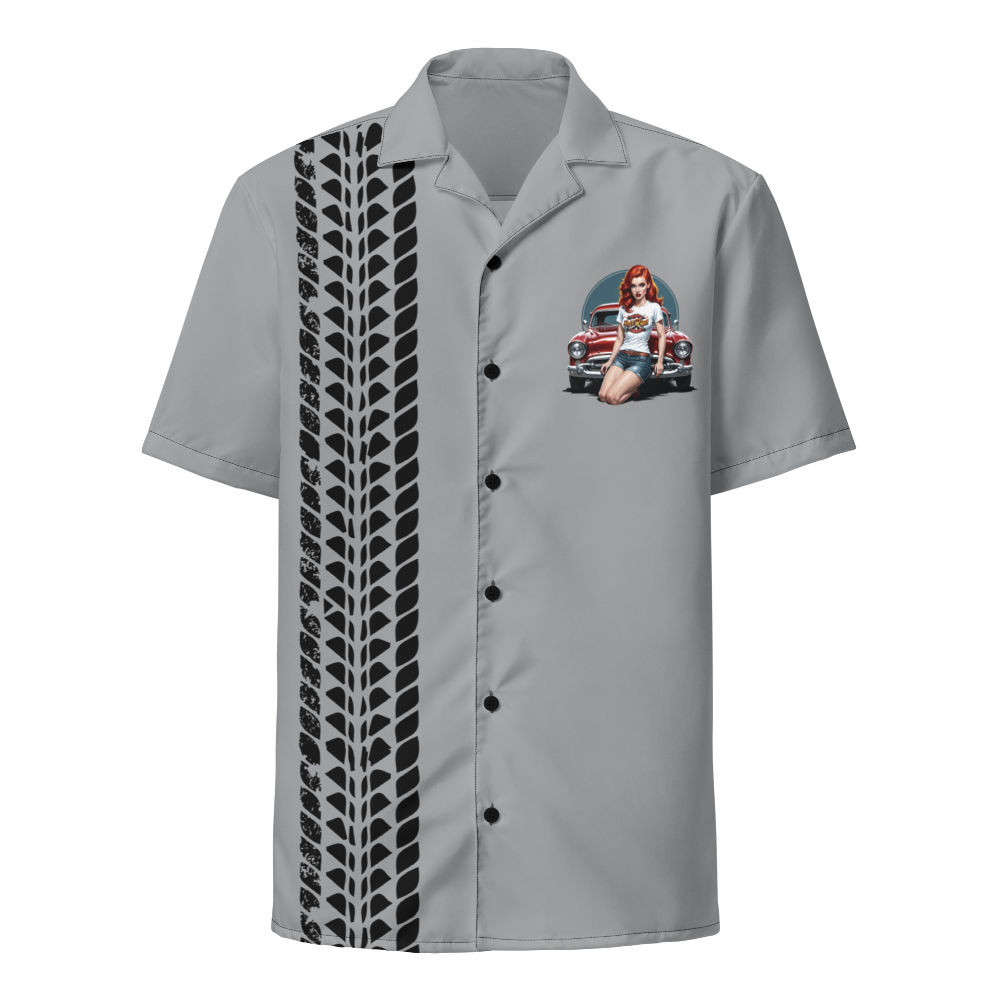 Redhead Bombshell Hotrod Button Bowling Button Shirt (Gray)