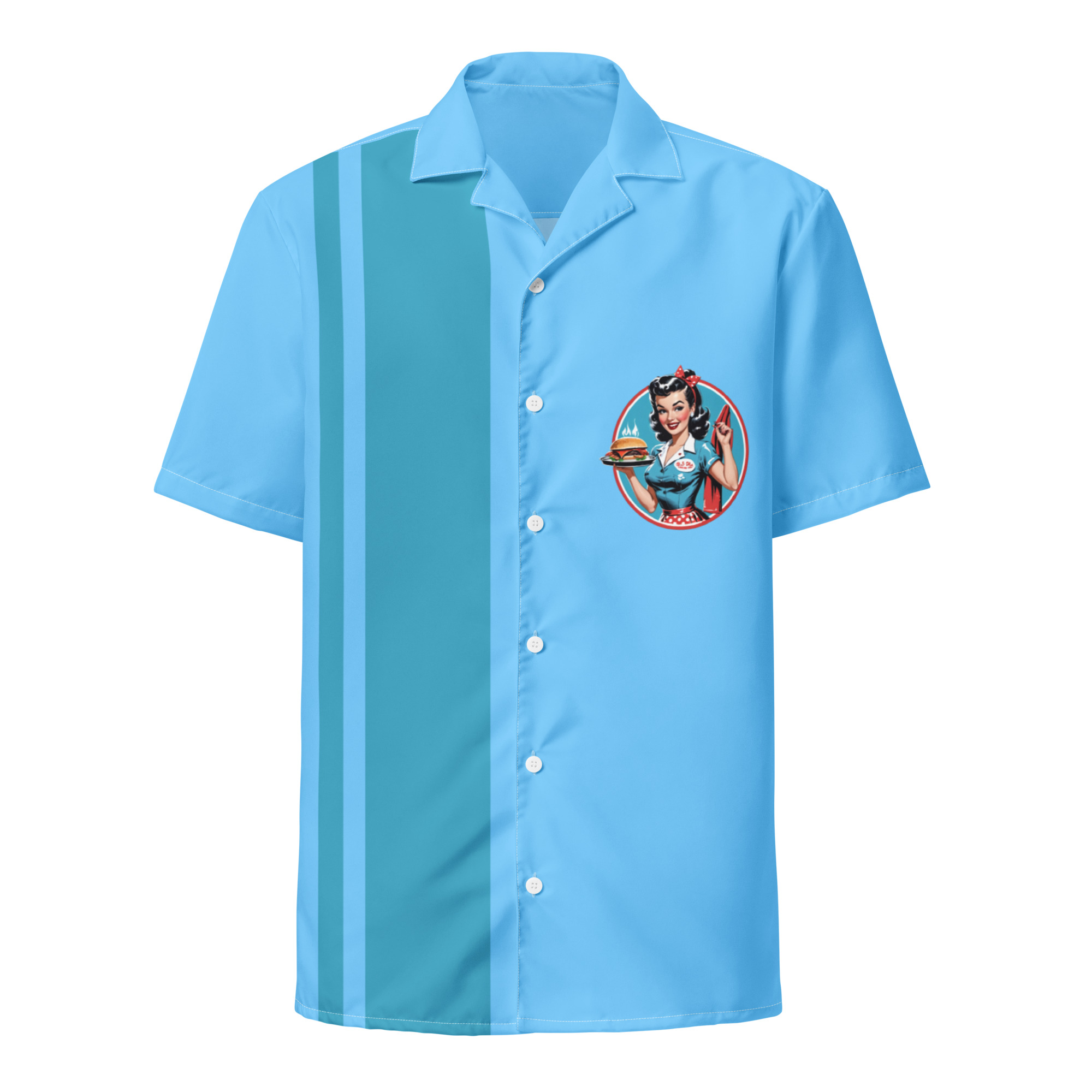 BBQ Pool Party Button Bowling Button Shirt (Blue)